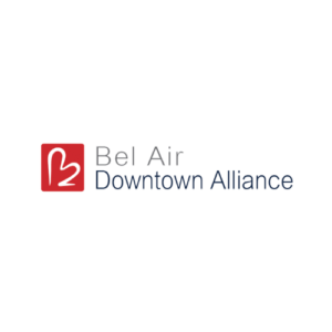 Bel Air Downtown Alliance logo: red square with an abstract heart, followed by "Bel Air" in gray and "Downtown Alliance" in dark blue.