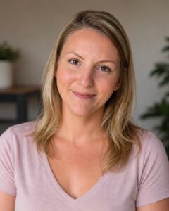 Head-and-shoulders portrait of a smiling woman with shoulder-length blonde hair, wearing a light pink V-neck top in a neutral indoor setting.